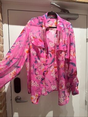 Fashion to Figure Pink Floral Button-Down Top with Orange Accents